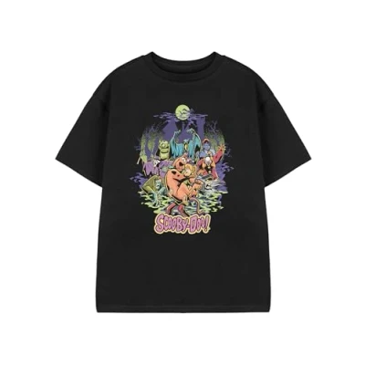 Image of Scooby Doo! Unisex Kids Black Short Sleeved T Shirt Halloween Graphic Tee for Children Mystery Machine Cartoon Apparel Top &amp; Teens Spooky Merchandise Gift