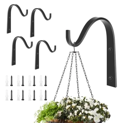 Image of 4 Pack Heavy Duty Hanging Basket Bracket, Outdoor Wall Hooks Brackets for Plants, Bird Feeders, Lanterns
