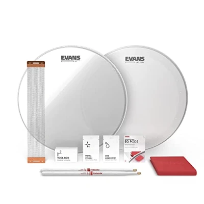Image of Evans Snare Drum Tune Up Kit 13 Inch Heads HD Dry and Clear Resonant Drumheads EQ Pods Wires Drumsticks Maintenance Accessories