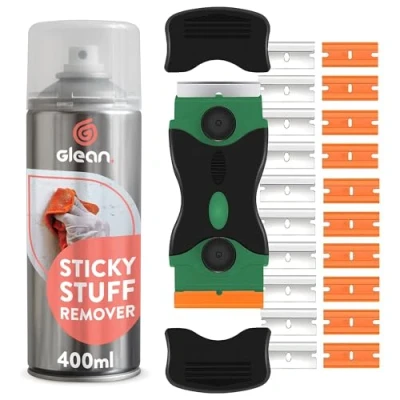 Image of GLEAN Sticky Stuff Remover Spray 400ml &amp; Scraper Tool 2 in 1 Bundle 10 Metal + Plastic Blades Removes Glue, Stickers, Gum, Tape Multi Surface Cleaner: Wood, Glass, Metal, Tiles