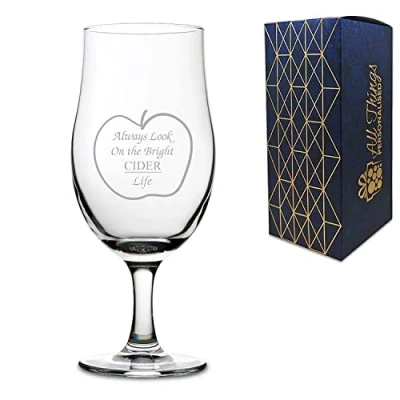 Image of Novelty Gift Engraved Stemmed Pint Cider Glass, Always Look On The Bright Life, Funny for Him, in UK, Holds Up to 20oz/568ml