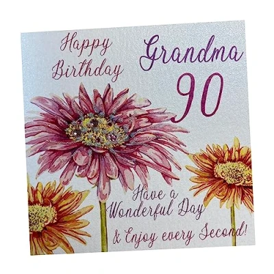 Image of white cotton cards &quot;Pink Gerbera, Happy Birthday 90 Grandma Have a Wonderful Day Handmade 90th Card, White, WBA90 GMA