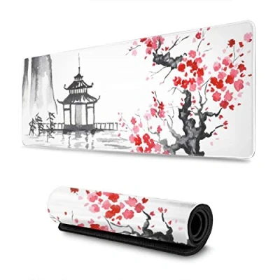 Image of Gaming Mouse Pad XL Japanese Painting Cherry Blossom Extended Large Long Desk Mat with Stitched Edges 80x30cm