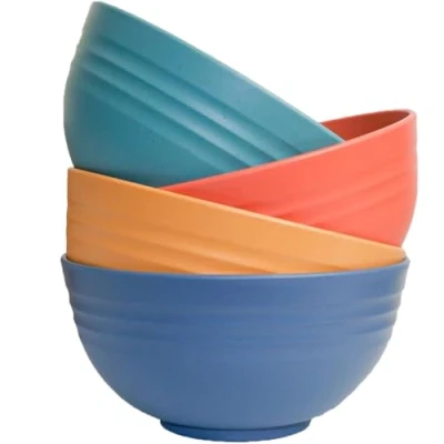 Image of MaoMaoCha Plastic Cereal Bowls 4 Pieces, Unbreakable 700ml/24oz Lightweight Bowl Set, Reusable Serving for Rice Noodle Soup Snack Salad Fruit, BPA Free, Dishwasher &amp; Microwave Safe (4 Colors)
