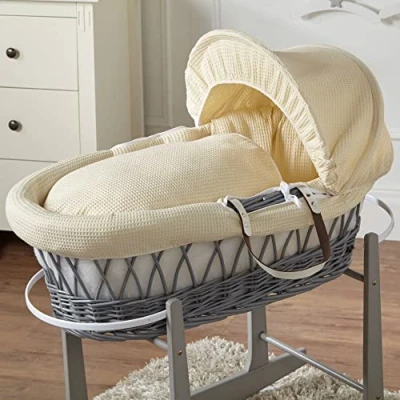 Image of For Your Little One Cream Waffle Grey Wicker Baby Moses Basket With Mattress