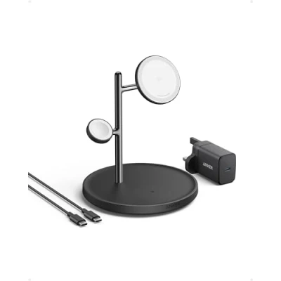 Image of Anker 3 in 1 Wireless Charging Station, MagSafe Charger Compatible, Qi2 Certified 15W Stand, For iPhone 16/15/14 Series, AirPods Pro, Apple Watch Ultra (USB C and Cable Included)