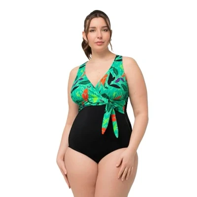Image of Ulla Popken Women&#039;s Violetta 827767 Swimsuit Belly Belt Leaves in Water One Piece, Black, 28