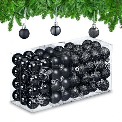 Image of Relaxdays Christmas Baubles Set of 96, Glittering, Matt and Sparkles, Plastic, Traditional Spheres, Decorations, Black, 4 x 3 cm