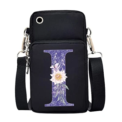 Image of FINDING CASE initial letter Printed Women Girls men Zipper Waterproof Nylon 3 Layers Crossbody Bags Wallet Cellphone Purse Shoulder Bag Wristlet Handbags Adjustable Strap (Purple flower I)