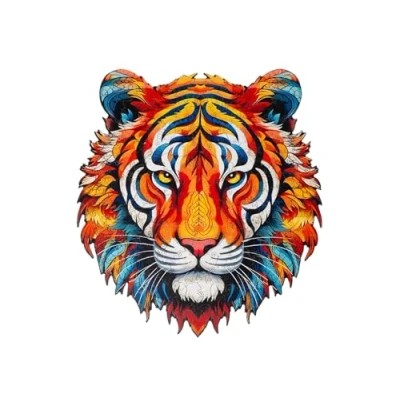 Image of Recent Toys RT5201 Jigsaw Tiger for Adults and Kids.167 Puzzle, Large Size 28.5 x 30.5 cm with Unique Shaped Pieces. Includes Wooden Storage Gift Box Stand