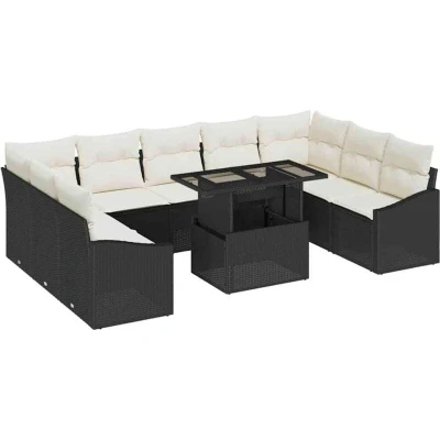 Image of vidaXL 10 Piece Garden Sofa Set with Cushions Black Poly Rattan