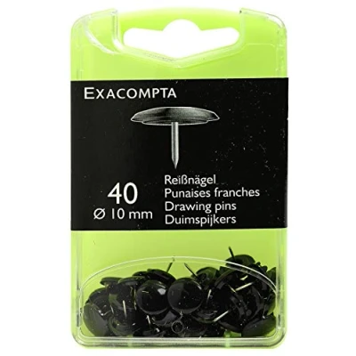 Image of Exacompta Ref 14021E Drawing Pins (Pack of 40) 7mm Width x 10mm Height in Size Suitable for Pinboards or Corkboards Offices, Homes &amp; Businesses Black