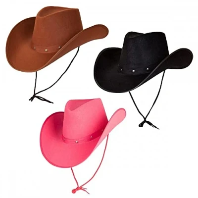 Image of Pack of 3 x Adult Texan Cowboy Hats (1 Black + 1 Brown Pink) : Wild West Rodeo Cowgirl Fancy Dress Accessory