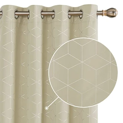 Image of Deconovo Blackout Curtains, Eyelet Thermal Insulated Silver Diamond Printed Curtains for Bedroom, 46 x 54 Inch(Width Length), Beige, One Pair