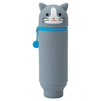 Image of LIHITLAB Kawaii Japanese Gray Cat Stand Up Pencil Case For School Office College, Cute Supplies, Animal Pen Holder Pouch Teen Girls Artists, Travel Cosmetics Storage (A7712 4)