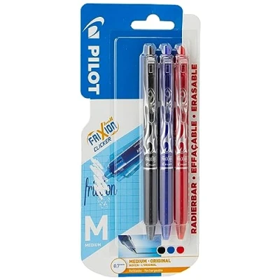 Image of Pilot Frixion Clicker Retractable Erasable Rollerball, 0.7 mm Tip Black/Blue/Red, Pack of 3
