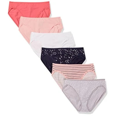 Image of Amazon Essentials Women&#039;s Cotton High Leg Brief Underwear (Available in Plus Size), Pack of 6, Multicolour/Dots/Stars/Stripes, 14
