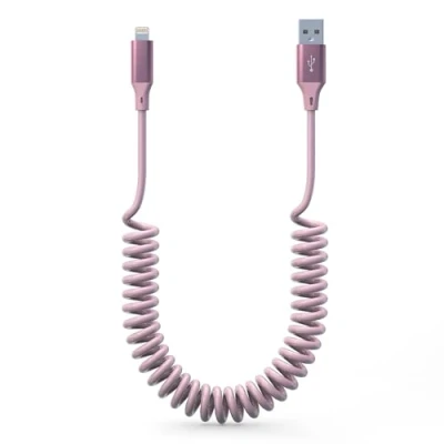 Image of Coiled Lightning Cable Apple Carplay Cord [Apple MFi Certified] Short iPhone Car Charger Pink with Data Sync, Retractable for iPhone/Pad/Pod,