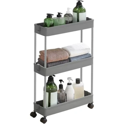 Image of SONGMICS 3 Tier Storage Trolley, Kitchen Trolley on Wheels, Narrow for Bathroom Office or Small Spaces, 42 x 13.5 61 cm, Grey KSC007G01