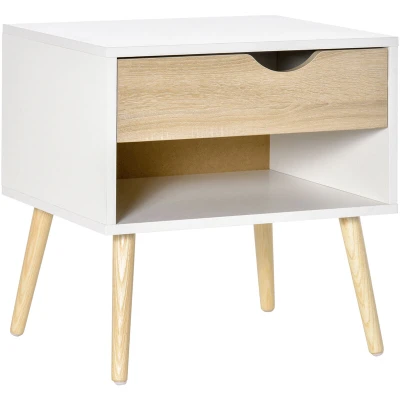 Image of HOMCOM Bedside Table with Drawer and Shelf, Modern Nightstand, End for Bedroom, Living Room, White