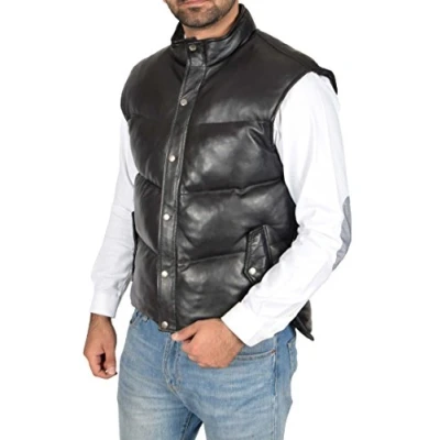 Image of A1 FASHION GOODS Mens Quilted Leather Waistcoat BLACK Puffer Body Warmer Vest Sleeveless Gilet Jeff (X Large)