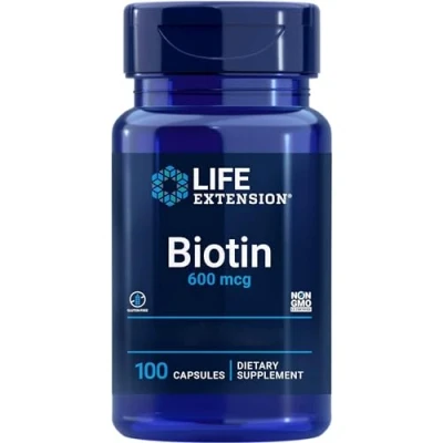 Image of Life Extension, Biotin, 600mcg, High Dose, Vitamin B7, 100 Capsules, Gluten Free, SOYA GMO Free