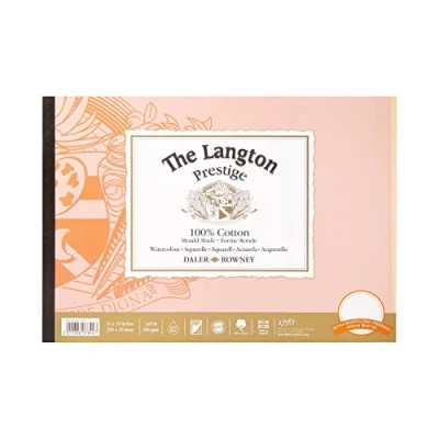 Image of Daler Rowney The Langton Prestige Hot Pressed Watercolour &amp; Gouache 300gsm 14x10in Paper Pad, Glued 1 Side, 12 Natural White Sheets, Ideal for Professional Artists Students