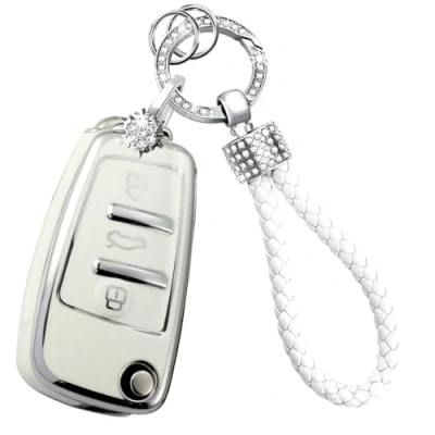Image of RXXR Car Key Fob Cover Case with Keychain Compatible Audi A1 S1 A3 S3 RS3 A4 S4 RS4 A6 S6 RS6 Q2 Q3 Q7 TT TTS R8 Shell Protector for 3 Button Flip