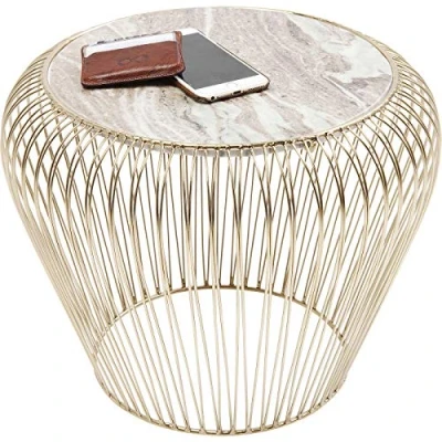Image of Kare Design Side Table Beam, Brass, Modern, Marble Tabletop, Round, Small, Sofa Table, Bedroom, Living Room, Hallway, 35x43x43 cm (H/W/D)