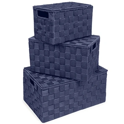 Image of EHC Storage Boxes With Lid Set of 3, baskets for shelves Woven, Organiser Hamper Baskets, Navy Blue