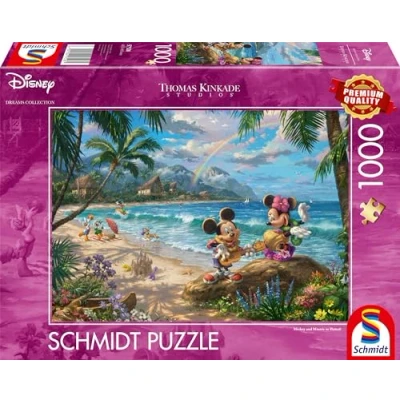 Image of Schmidt Spiele 57528 Jigsaw Puzzle Thomas Kinkade, Disney, Mickey and Minnie in Hawaii, 1000 Pieces, Multicoloured Amazon Exclusive