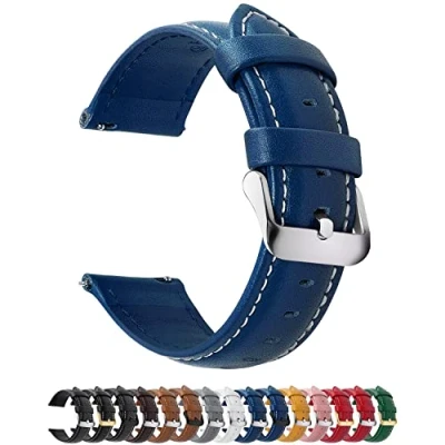 Image of Fullmosa Watch Strap, Genuine Leather Straps with Stainless Metal Clasp, Quick Release Replacement Bands, 14mm 16mm 18mm 19mm 20mm 22mm 24mm, Dark Blue