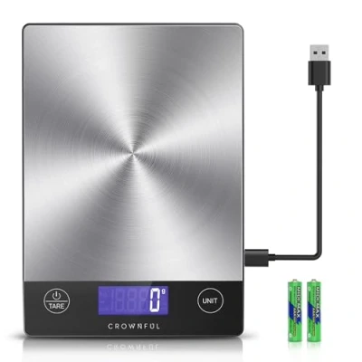 Image of CROWNFUL Rechargeable Food Kitchen Scale, 15kg/33lb Digital Weight Grams and Ounces for Baking Cooking, Type C Charging, LCD Display, 304 Stainless Steel