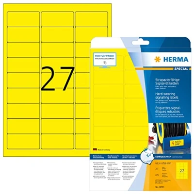 Image of HERMA Self Adhesive Film Labels, 27 Labels per A4 Sheet, 25 Sheets, 63.5 x 29.6 mm, 675 Blank Weatherproof Stickers, Sticky for Laser &amp; Inkjet Printer, Yellow
