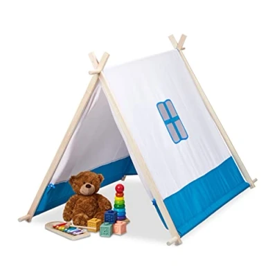Image of Relaxdays Children&#039;s Play Tent, with Window &amp; Door, Wigwam, HWD: 92 x 86 120 cm, Indoor, Wooden Frame, Blue/White, Polyester