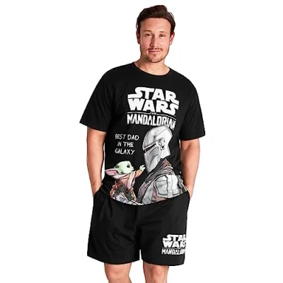Image of Disney Star Wars Mens Short Pyjamas Set, Dad Loungewear (Black Baby Yoda, S)