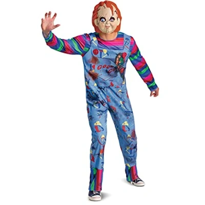 Image of DISGUISE 118649D Men, Official Childs Play Chucky Costume Jumpsuit and Mask Outfit Adult Sized, Cartoon, Multicolored, X Large