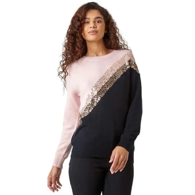 Image of Roman Originals Jumper for Women UK Ladies Winter Autumn Casual Pull On Round Crew Neck Long Sleeve Comfy Work Dinner Party Everyday Colourful Longline Stylish Black &amp; Pink Size 20