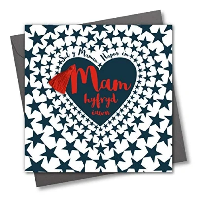 Image of Welsh Language Tassel Embellished Mother&#039;s Day Greeting Card, Lovely Mum, Sul y Mamau Hapus Mam, Heart of Stars