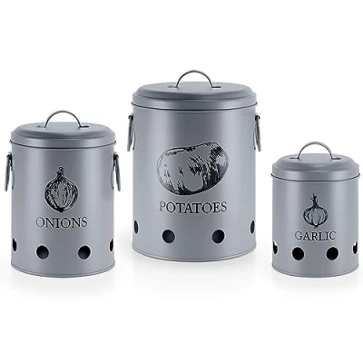 Image of EHC Set of 3 Potato, Onion and Garlic Storage Containers with Lid &amp; Side Handles For kitchen, Long Shelf Life Aerating Tin Holes Grey