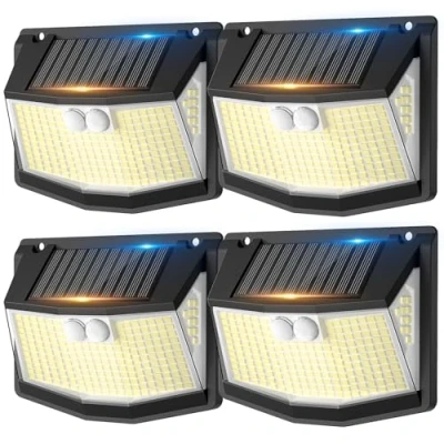 Image of CZHHMART Solar Security Lights Outdoor Garden: 248 LED Motion Sensor Light 3 Modes and 270 Lighting IP65 Waterproof Outside Powered Wall for Garden Fence Garage Yard 4 Pack