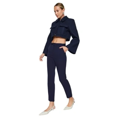 Image of Trendyol Women High Waist Skinny fit Cigarette Pants Trousers Navy Blue