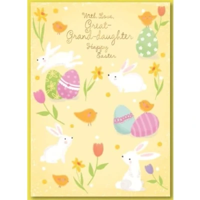 Image of Simon Elvin Great Granddaughter Easter Card, Yellow Spring Design with Bunnies and Eggs, 13 x 19 cm