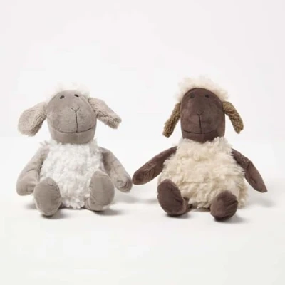Image of HOMESCAPES Soft Sheep Door Stops, Set of 2 in White and Brown, 28cm H x 20 cm W 19cm D, Luxuriously Material Animal Stoppers for Home or Office Heacy 1.6 kg
