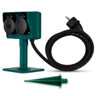 Image of REV 0595004555 Erdspiess 2 Way Garden Socket, IP44, Cable 1.4 m, max. 3500 W, Green