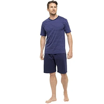 Image of Mens/Gentlemens Nightwear/Sleepwear Striped Short Sleeve T Shirt &amp; Shorts Pyjama Set, Navy Medium
