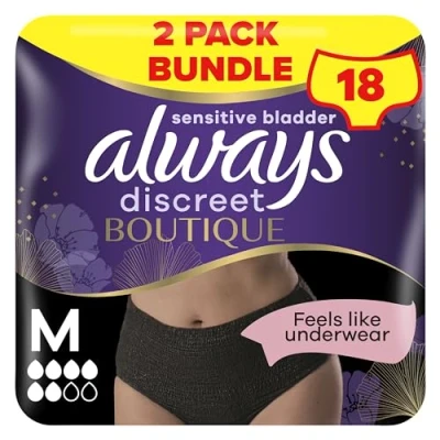 Image of Always Discreet Boutique Incontinence Pants Women, Medium Size, Black, 18 High Absorbency Plus (9 x 2 Packs), Odour Neutraliser, Softness and Protection, For Sensitive Bladder