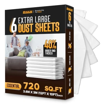 Image of RAULDE 6 Pack 17 Microns Extra Large Plastic Dust Sheets for Decorating &amp; Painting 3.6x3m (12x10ft) Polythene Sheeting Furniture Floor Protection