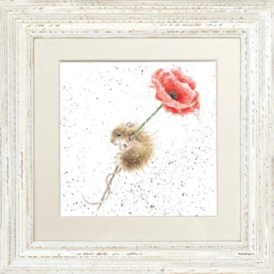 Image of Wrendale Designs Poppy Mouse Framed Picture in Various Frame Colours (Distressed White)