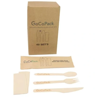 Image of Individual Wrapped Wooden Compostable Cutlery Set&#039;s Pack of 40 Individually Spoon, Fork, Knife and Napkin Set